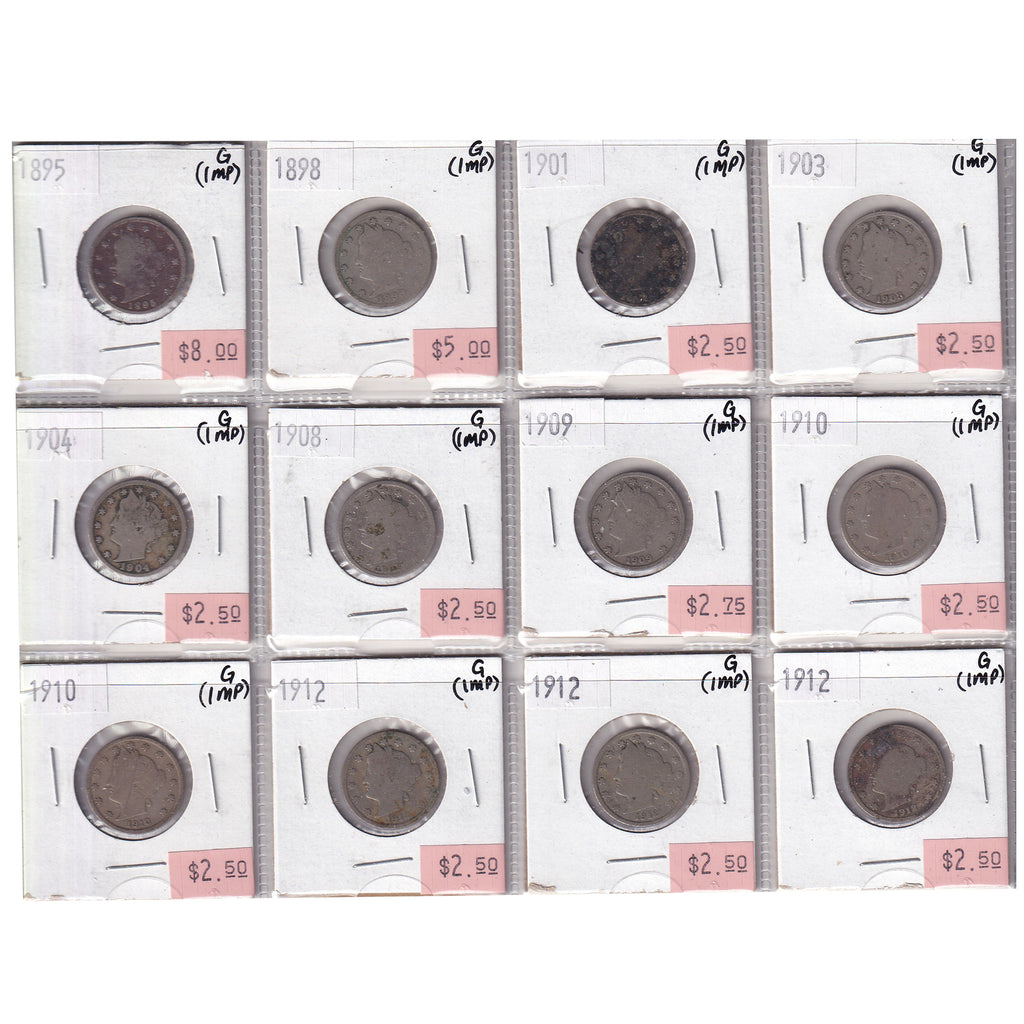 Group Lot of 12x 1895-1912 USA Nickels, All Good, 12pcs