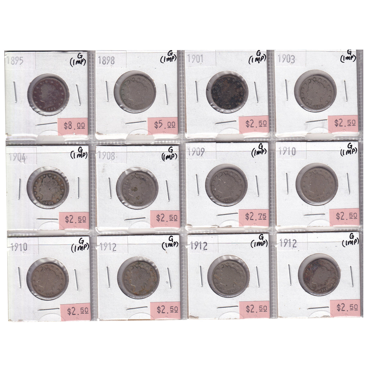 Group Lot of 12x 1895-1912 USA Nickels, All Good, 12pcs