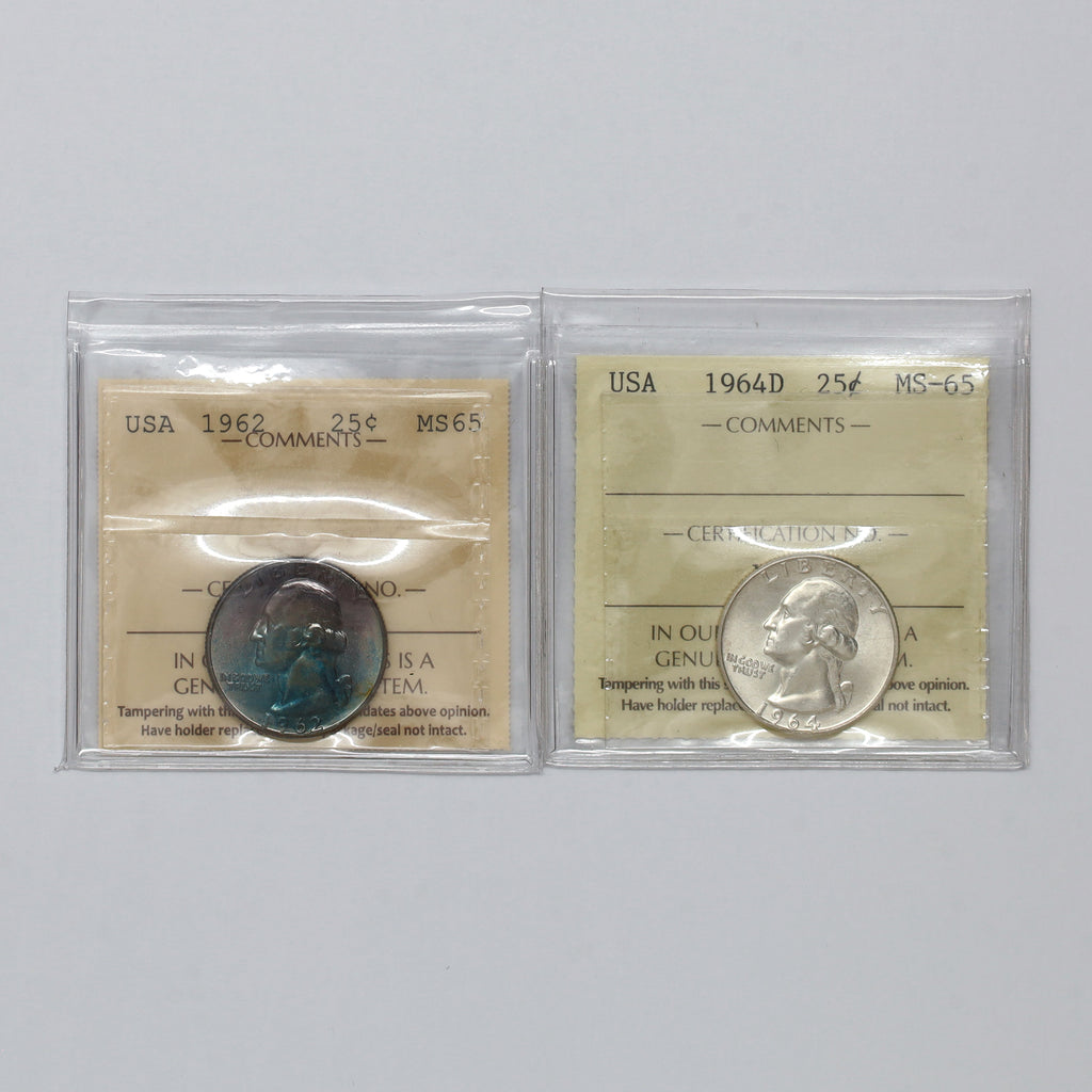Pair of 1962 & 1964 USA Quarters ICCS Certified MS65, 2pcs