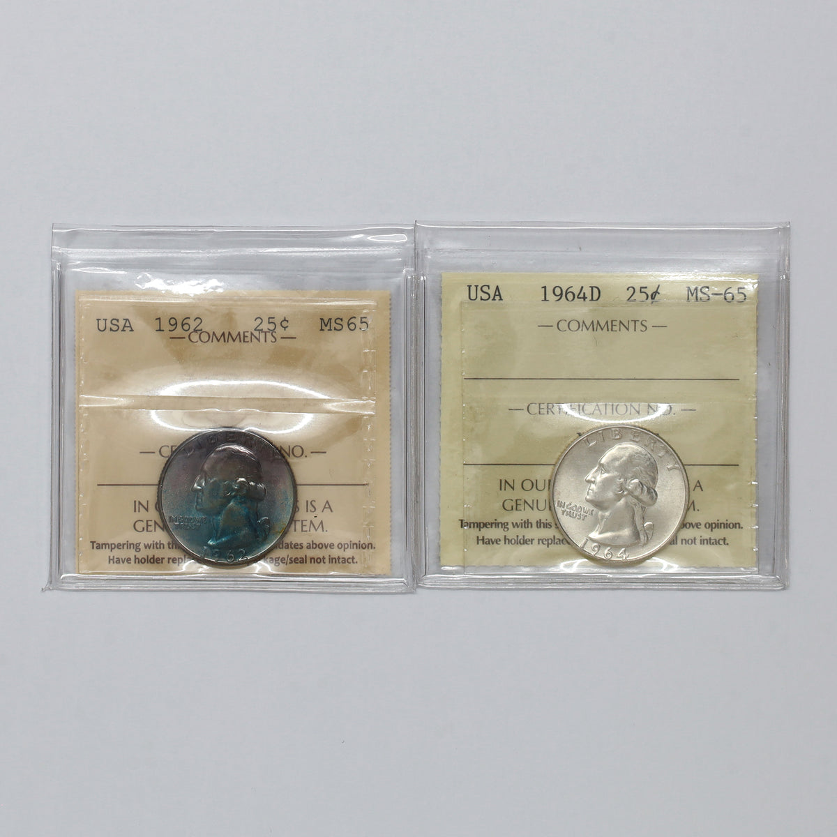 Pair of 1962 & 1964 USA Quarters ICCS Certified MS65, 2pcs