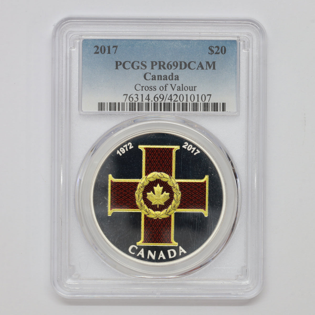 2017 $20 Canadian Honours 45th Ann. Cross of Valour Silver PCGS Cert. PR69 DCAM (No Tax)