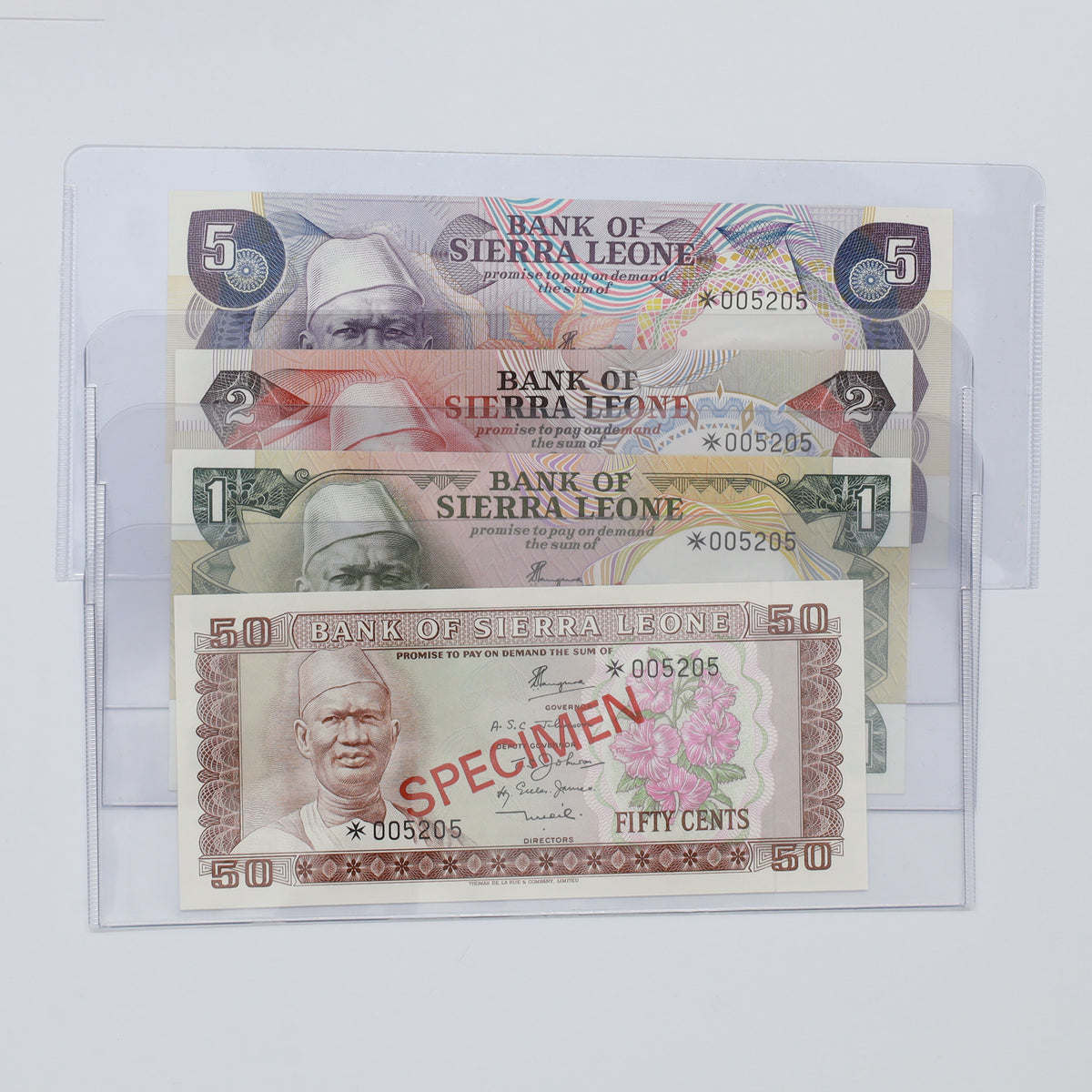 Lot of 4x Sierra Leone 1979 Banknotes from Specimen Set w/COA, 4pcs