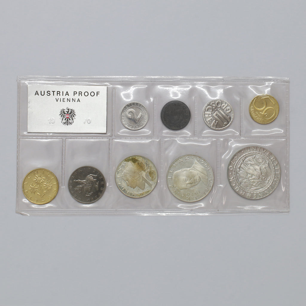 Austria 1970 9-Coin Proof Set including 3 Silver Coins (light wear)