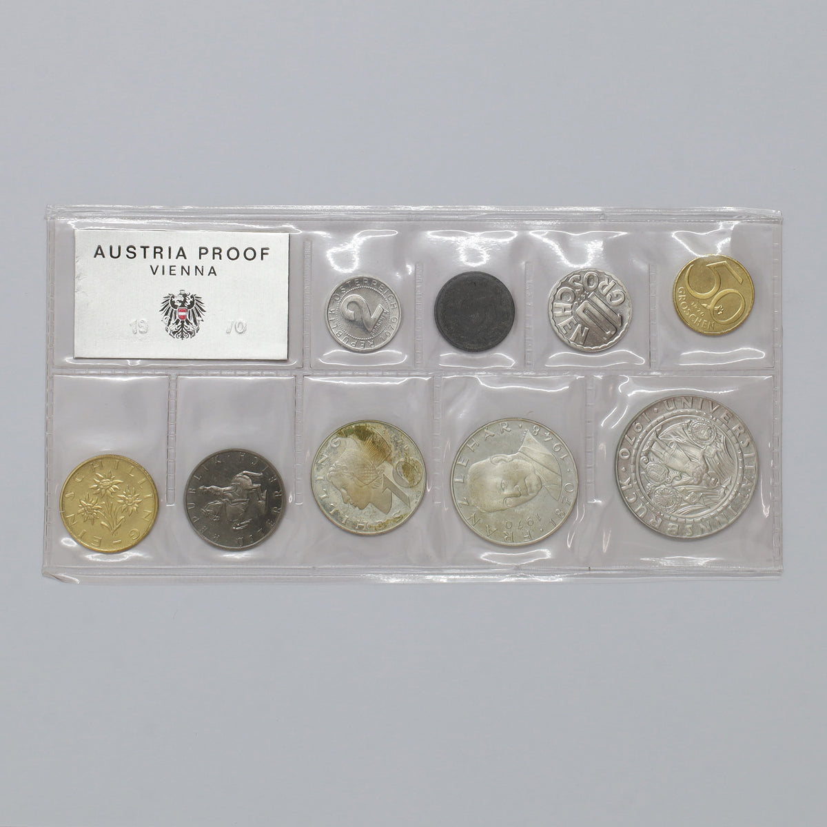 Austria 1970 9-Coin Proof Set including 3 Silver Coins (light wear)
