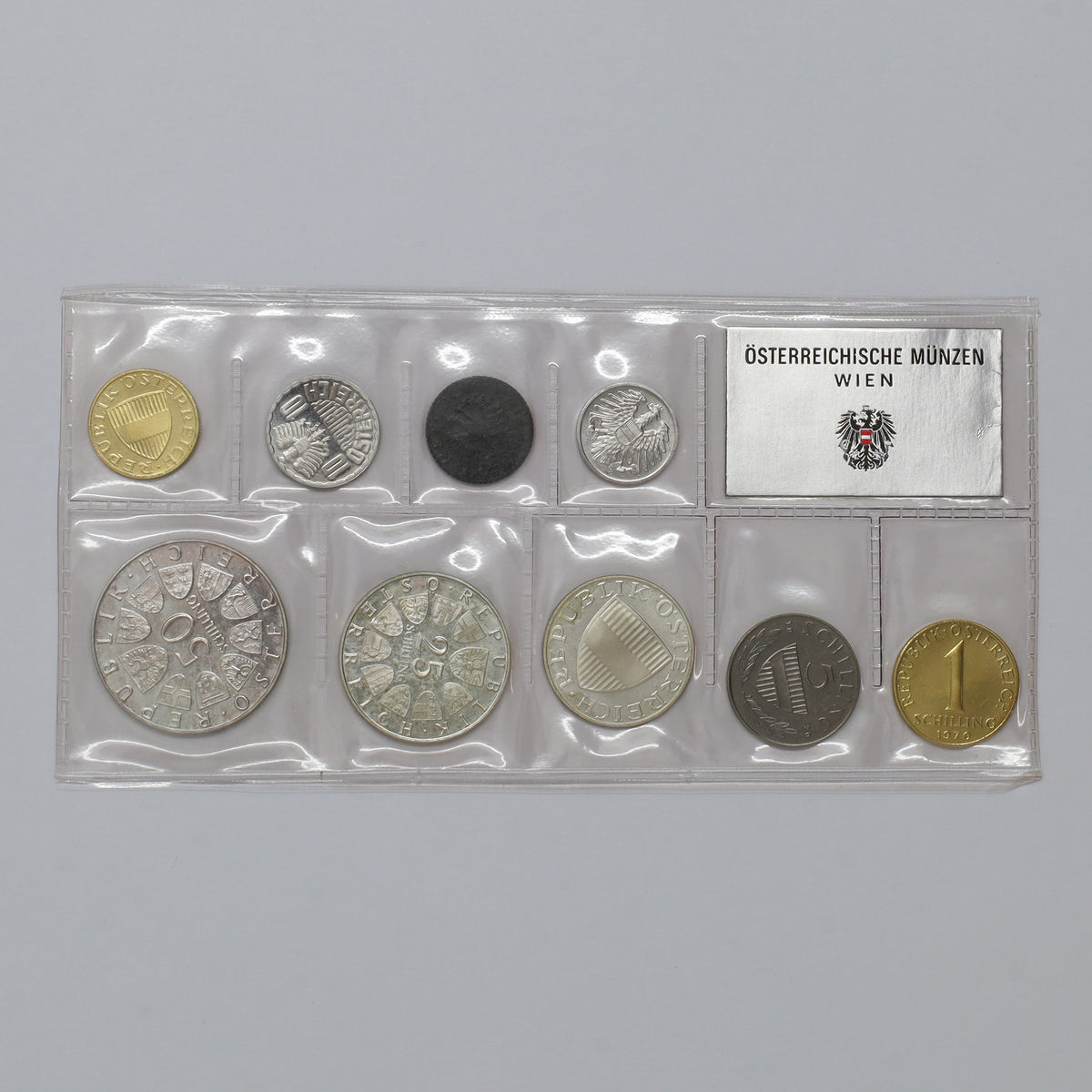 Austria 1970 9-Coin Proof Set including 3 Silver Coins (light wear)
