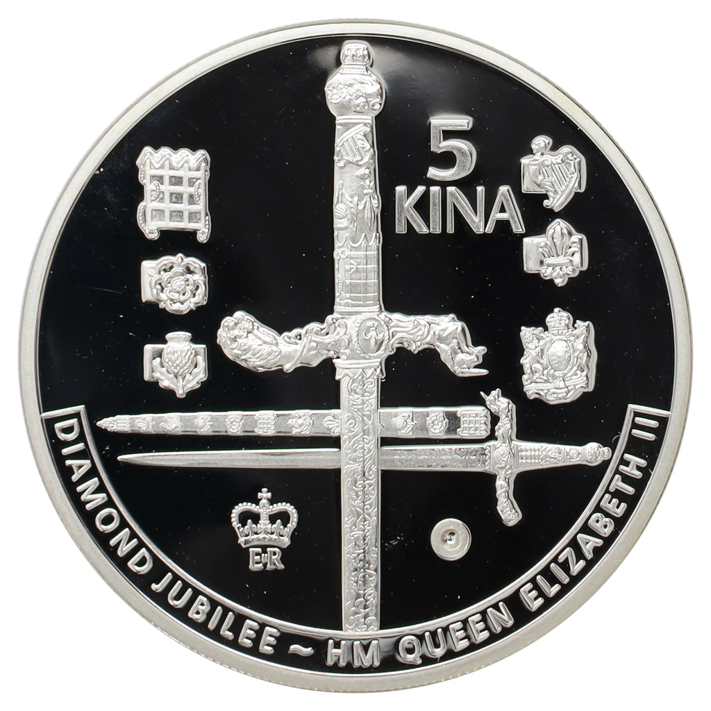 Papua New Guinea 2011 Diamond Jubilee Sword of State 5-Kina .925 Silver Coin (scr.cap)