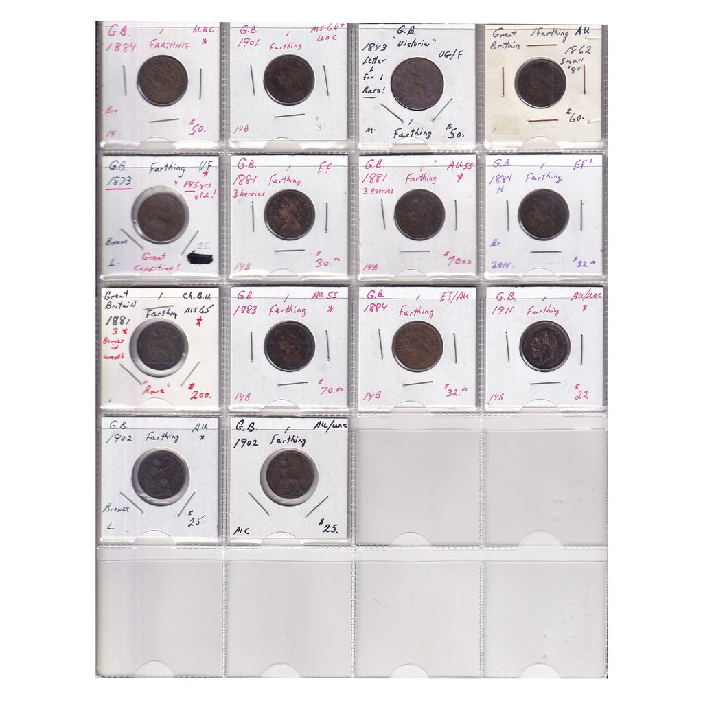 Estate Lot of 14x Great Britain 1843-1911 Farthings VG-F to Choice BU, 14pcs