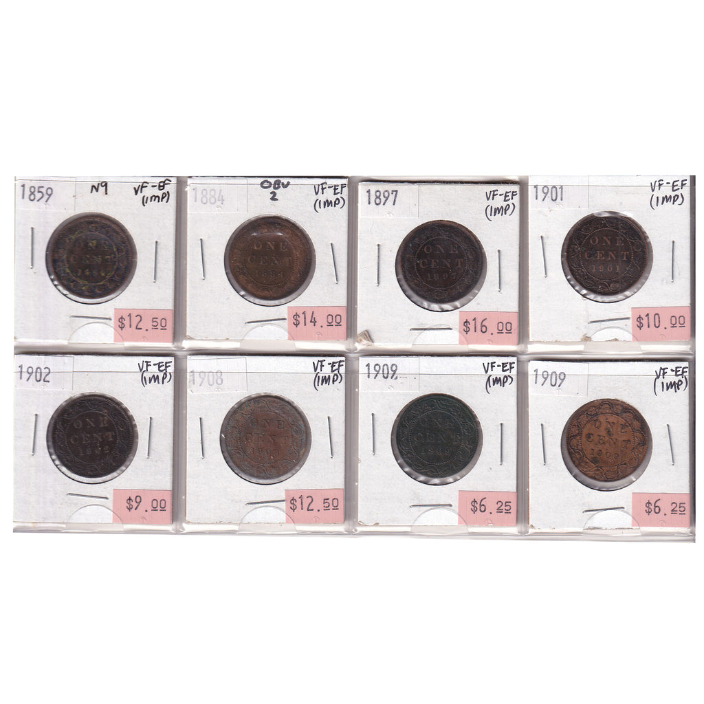 Group Lot of 8x 1859-1909 Canada 1-cents, All VF-EF, 8pcs
