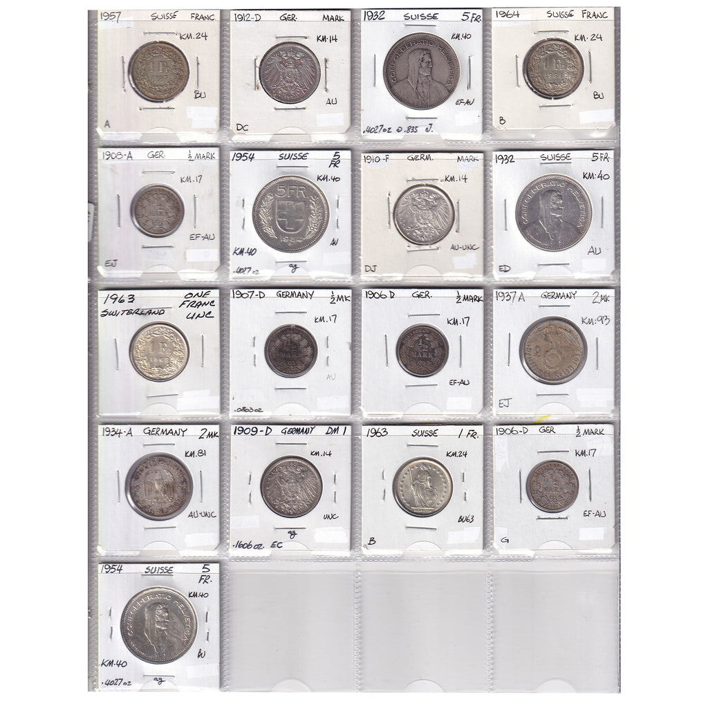 Group Lot of 17x Germany & Switzerland 1906-1963 Silver Coins, 17pcs