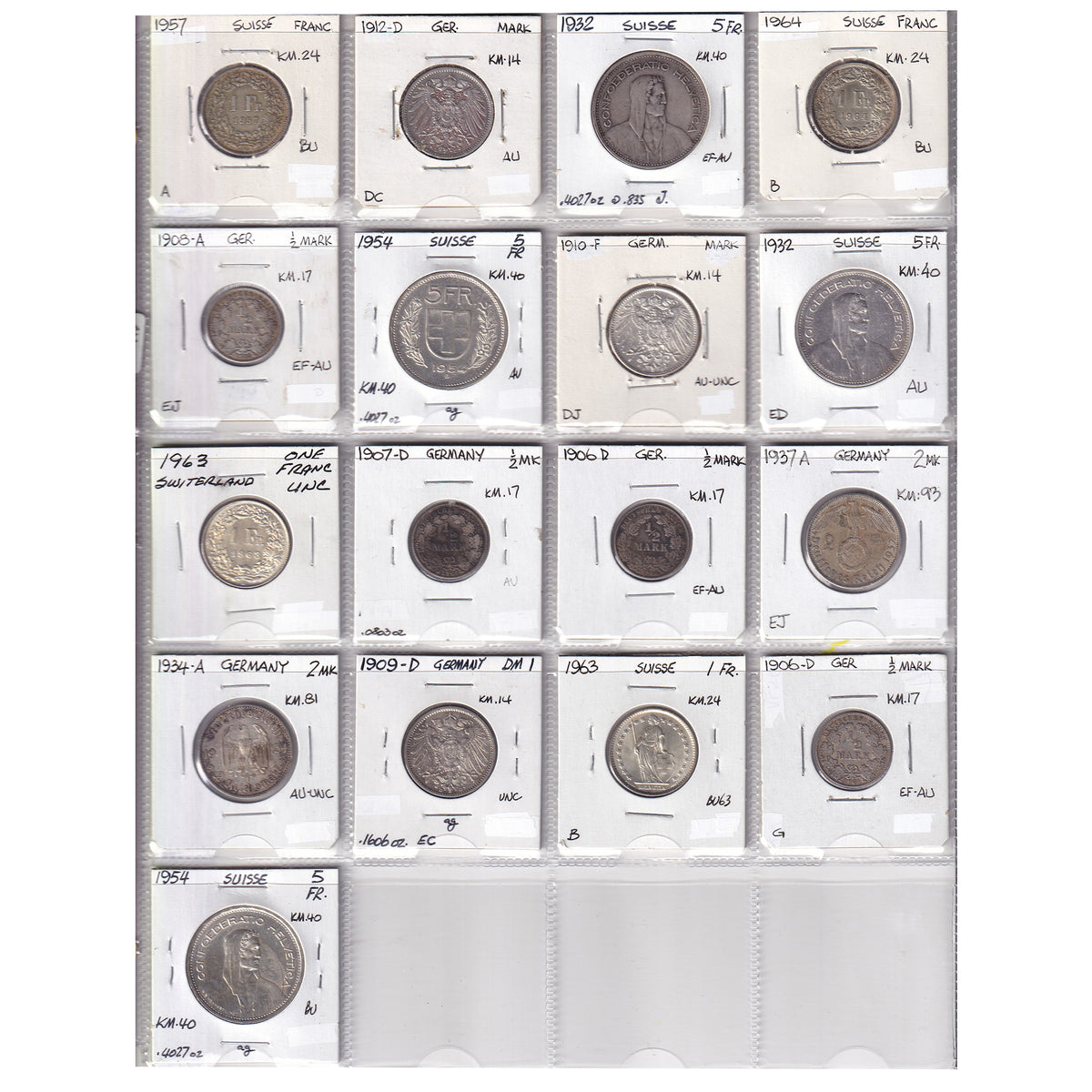 Group Lot of 17x Germany & Switzerland 1906-1963 Silver Coins, 17pcs