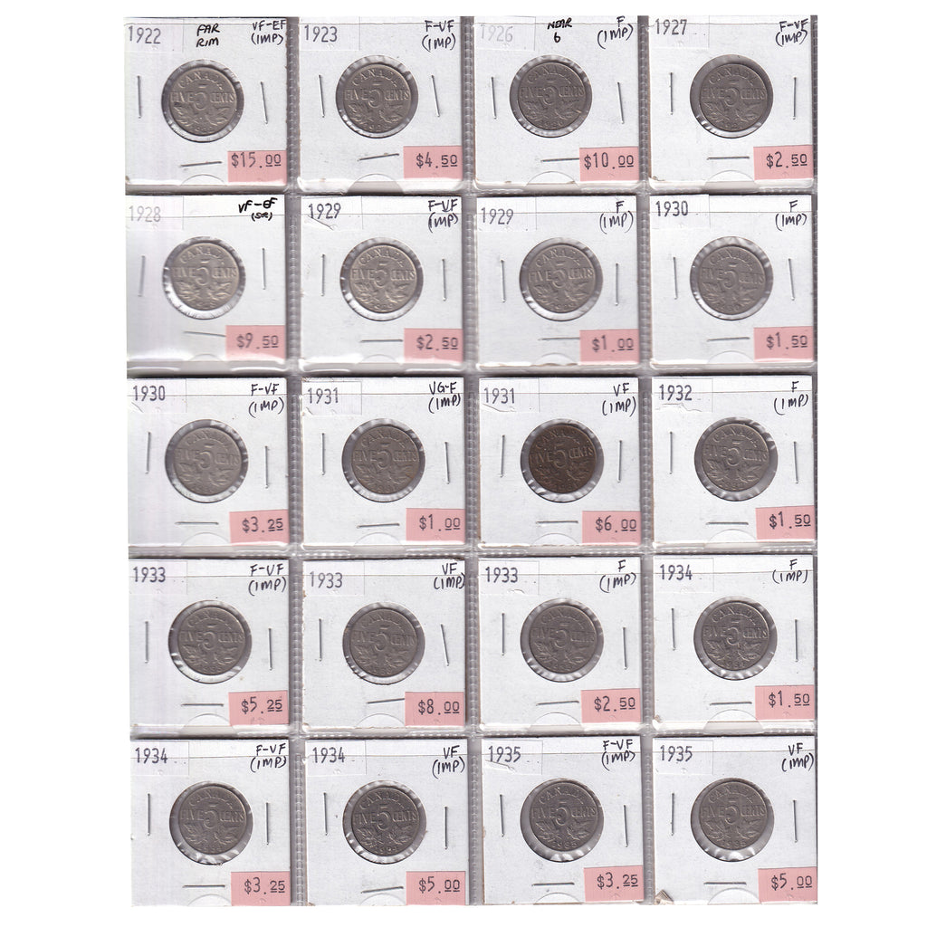 Group Lot of 20x 1922-1935 Canada 5-cents, VG-F to VF-EF, 20pcs