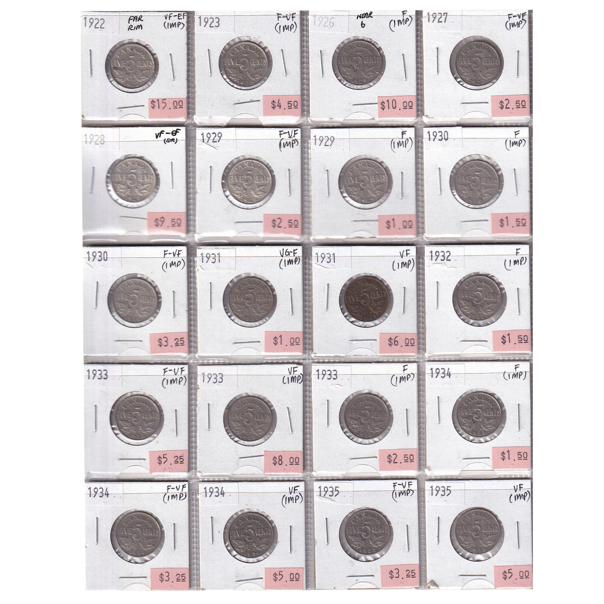 Group Lot of 20x 1922-1935 Canada 5-cents, VG-F to VF-EF, 20pcs