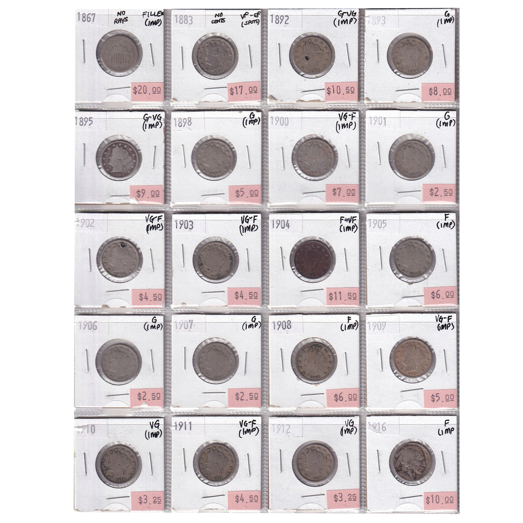 Group Lot of 20x 1867-1916 USA Nickels, Mostly Liberty Head, Filler to VF-EF, 20pcs