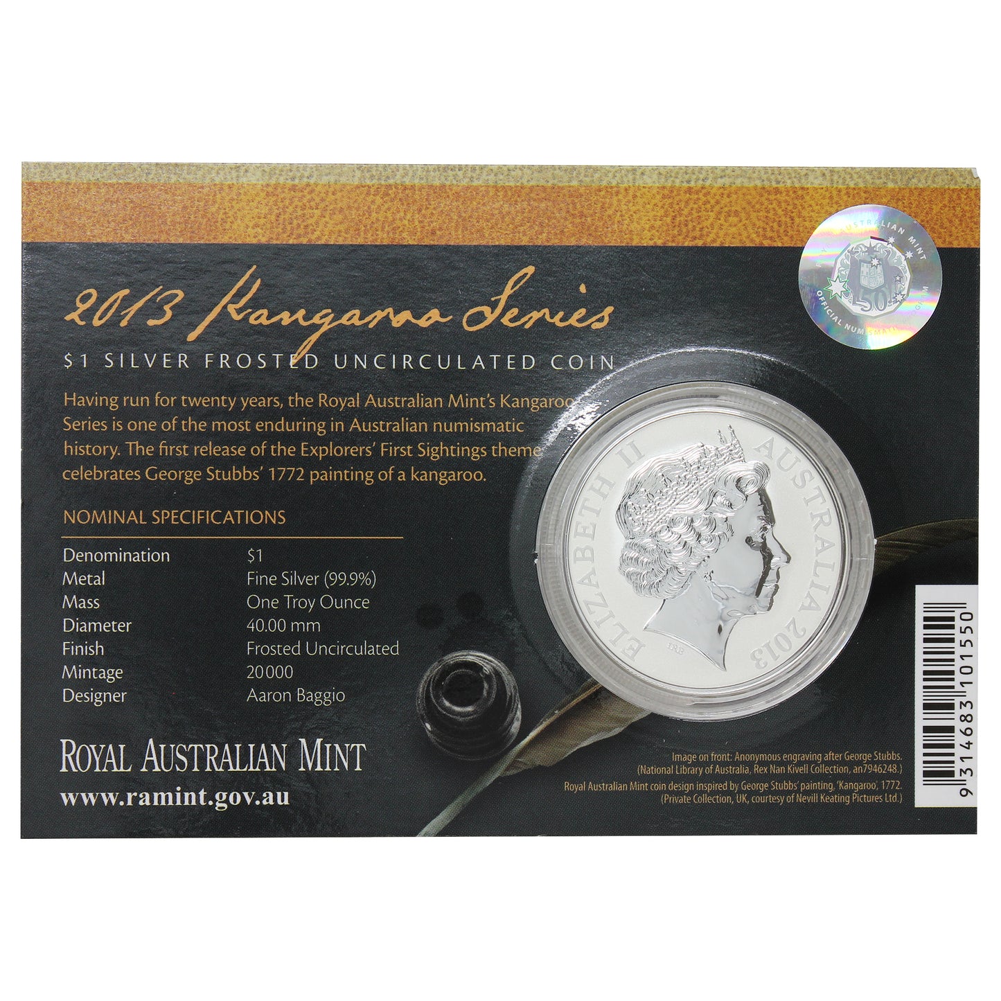 2013 $1 Kangaroo Series: Explorer's First Sightings 1oz Silver in Card (No Tax) Toning