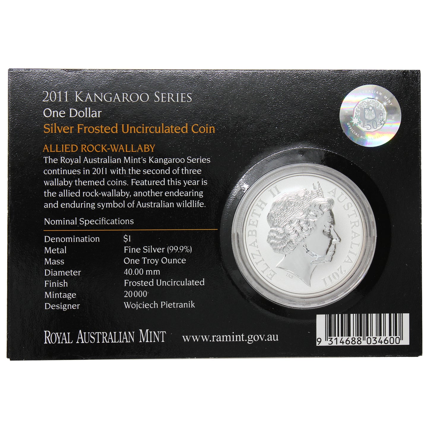 2011 Australia $1 Kangaroo 1oz Silver Frosted Coin in Card (No Tax) Rim Toning