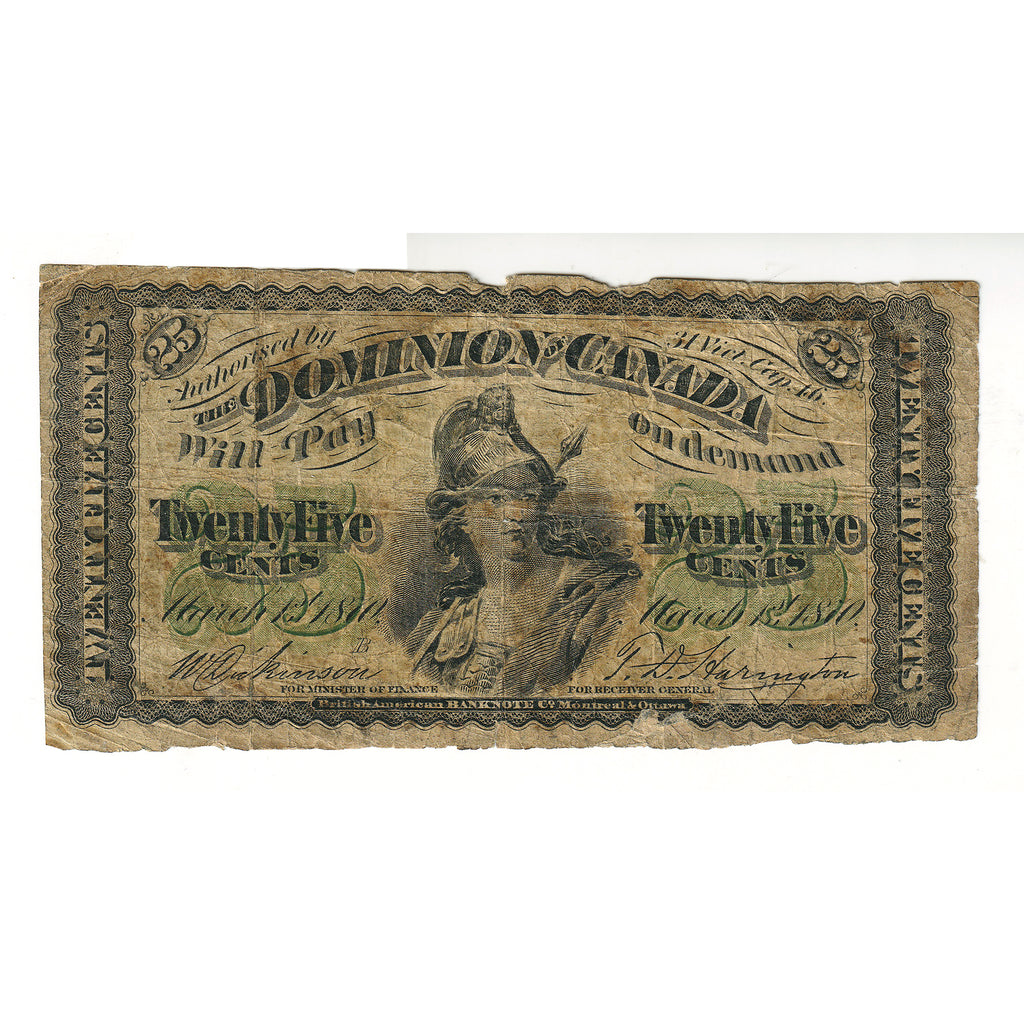 DC-2b-i 1870 Dominion 25-cent Shinplaster, Dickinson-Harington, VG (writing, tears)