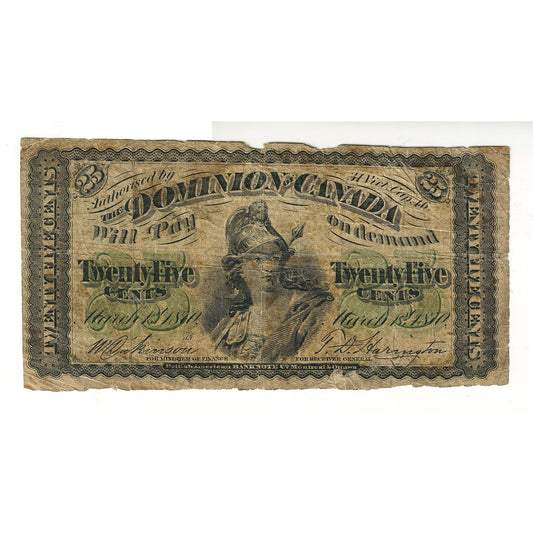 DC-2b-i 1870 Dominion 25-cent Shinplaster, Dickinson-Harington, VG (writing, tears)