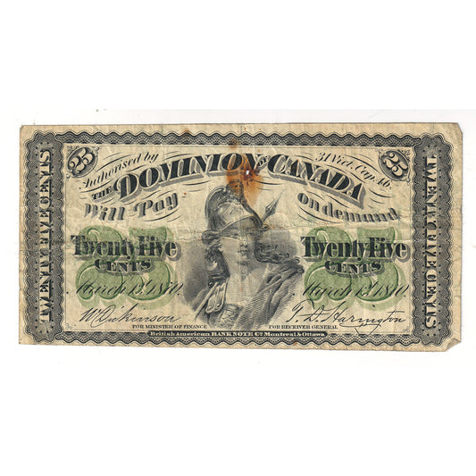 DC-1c 1870 Dominion 25-cent Shinplaster, Dickinson-Harington, Plain Series, VF (damaged)