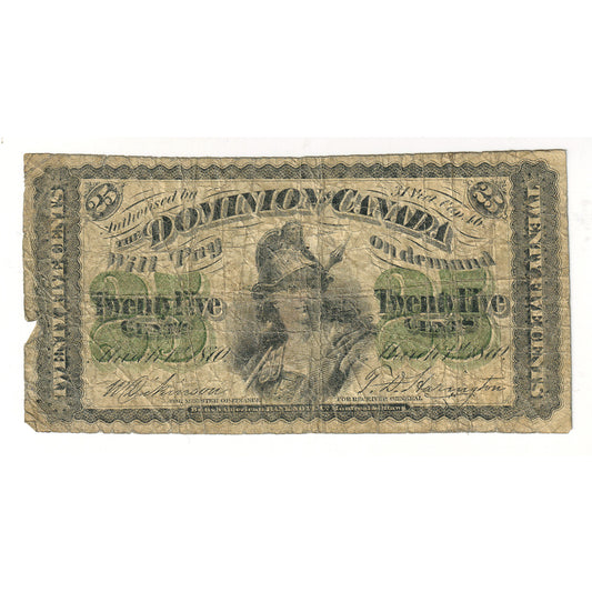DC-1c 1870 Dominion 25-cent Shinplaster, Dickinson-Harington, Plain Series, VG (damaged)