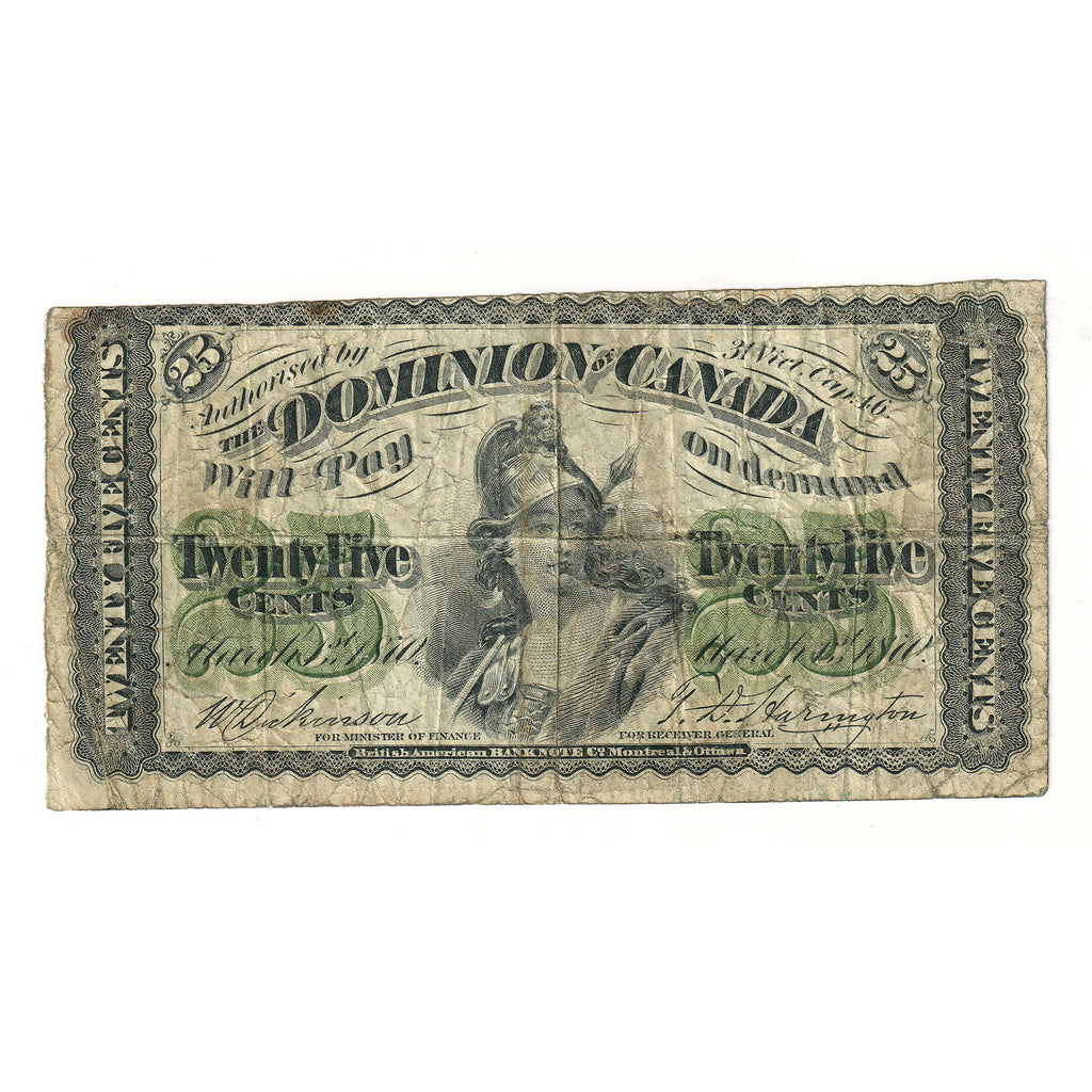DC-1c 1870 Dominion 25-cent Shinplaster, Dickinson-Harington, Plain Series, F-VF (stains)