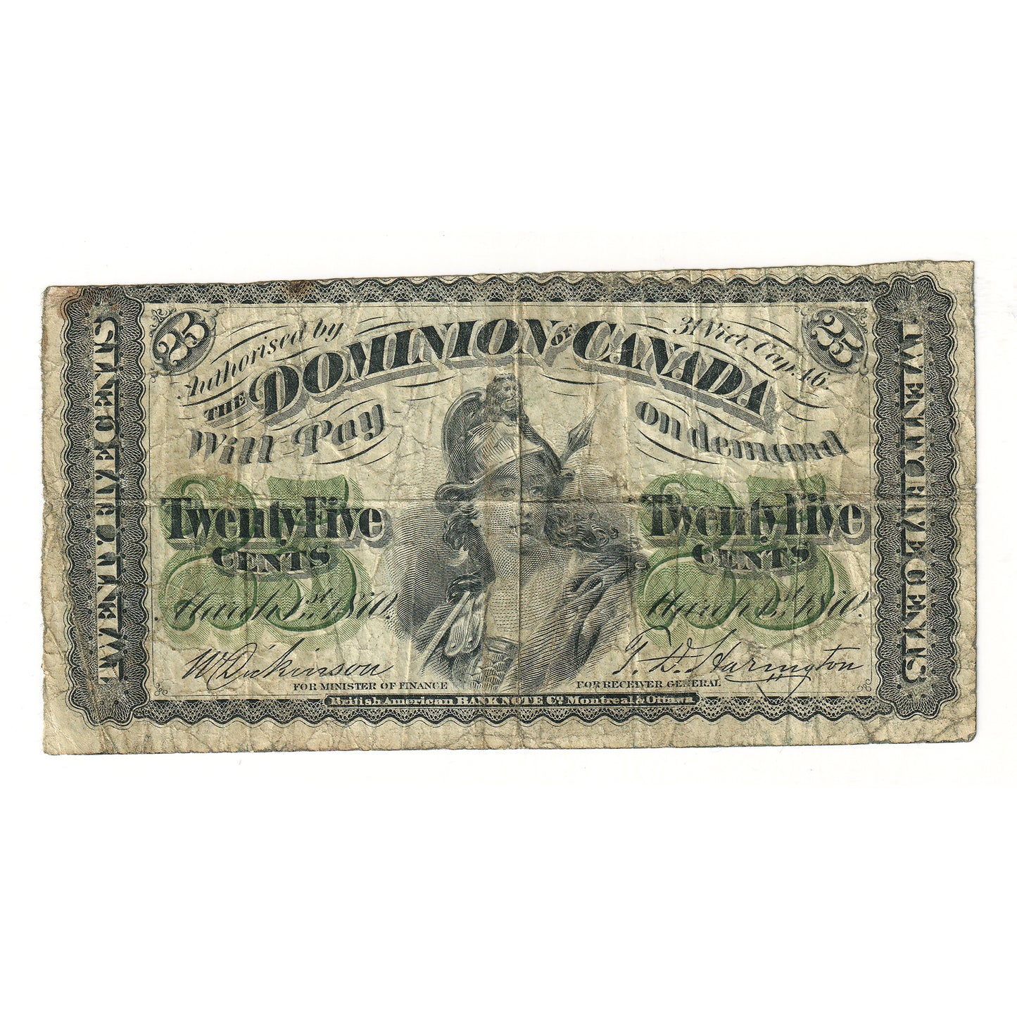 DC-1c 1870 Dominion 25-cent Shinplaster, Dickinson-Harington, Plain Series, F-VF (stains)