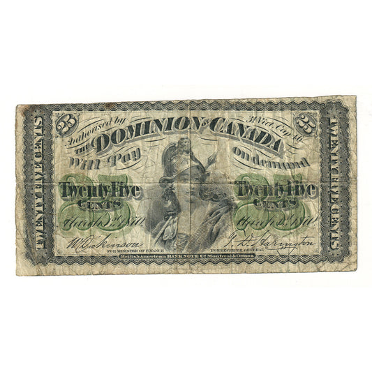 DC-1c 1870 Dominion 25-cent Shinplaster, Dickinson-Harington, Plain Series, F-VF (stains)