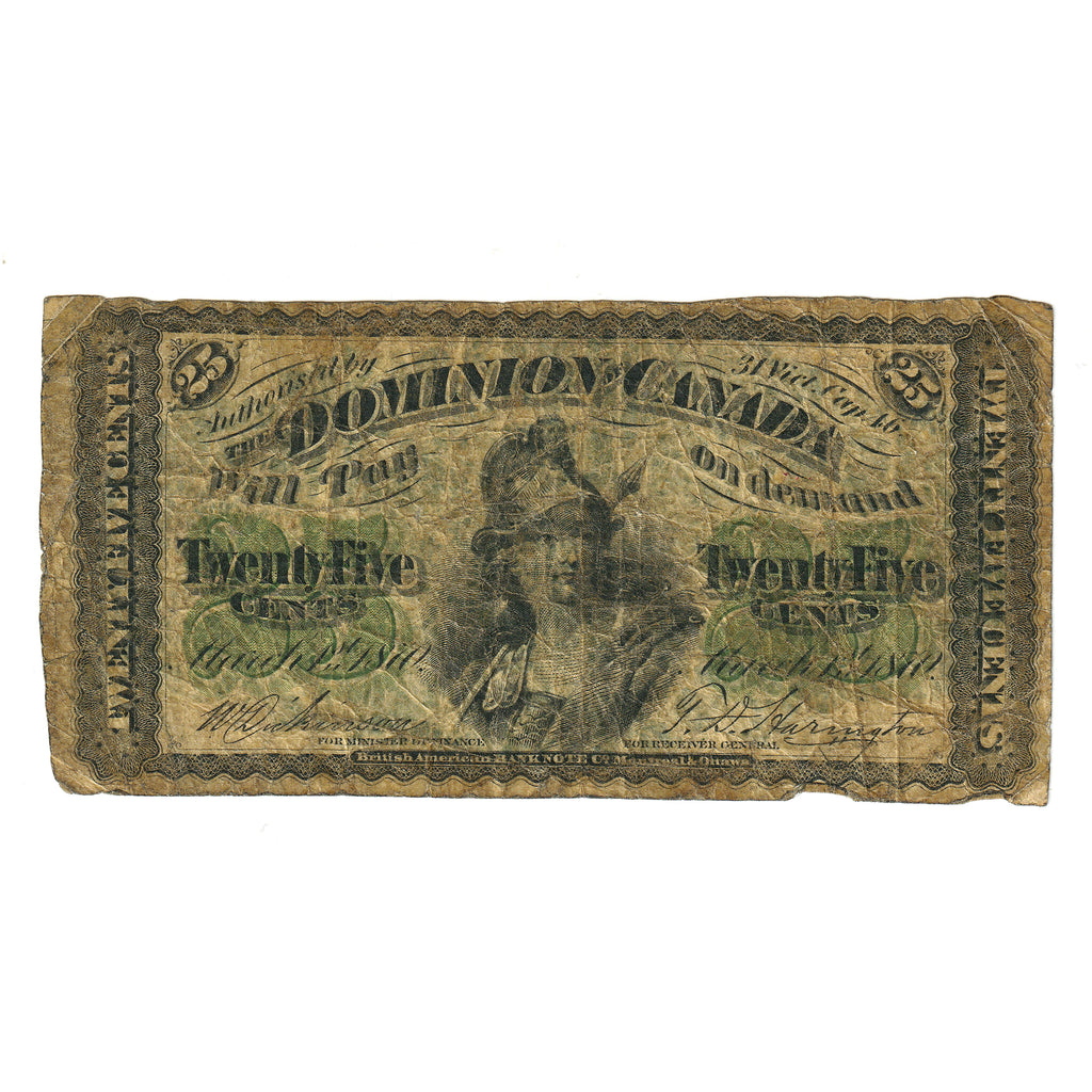 DC-1c 1870 Dominion 25-cent Shinplaster, Dickinson-Harington, Plain Series, F (lacquered)