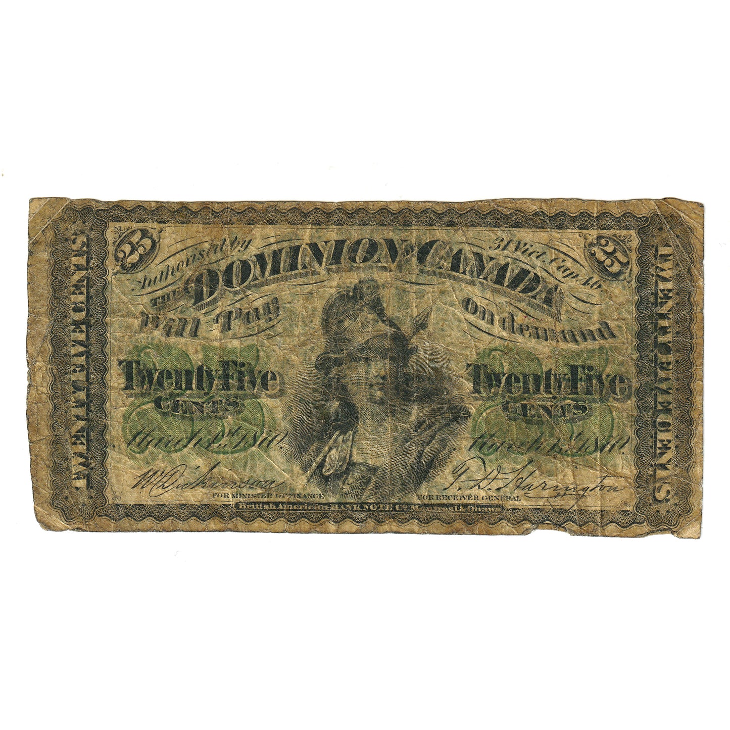 DC-1c 1870 Dominion 25-cent Shinplaster, Dickinson-Harington, Plain Series, F (lacquered)