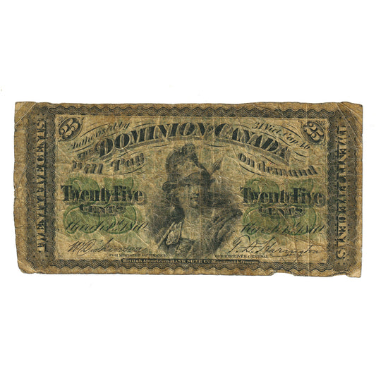 DC-1c 1870 Dominion 25-cent Shinplaster, Dickinson-Harington, Plain Series, F (lacquered)
