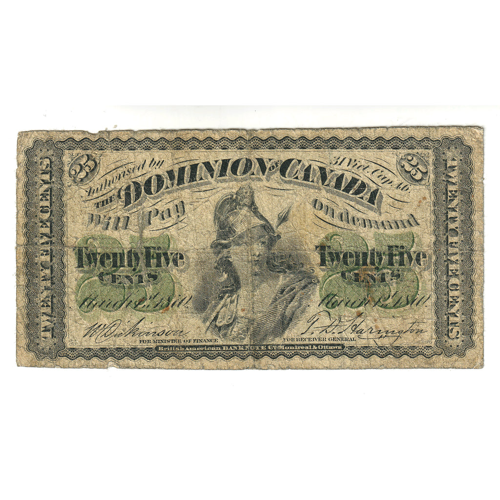 DC-1c 1870 Dominion 25-cent Shinplaster, Dickinson-Harington, VG (stain)