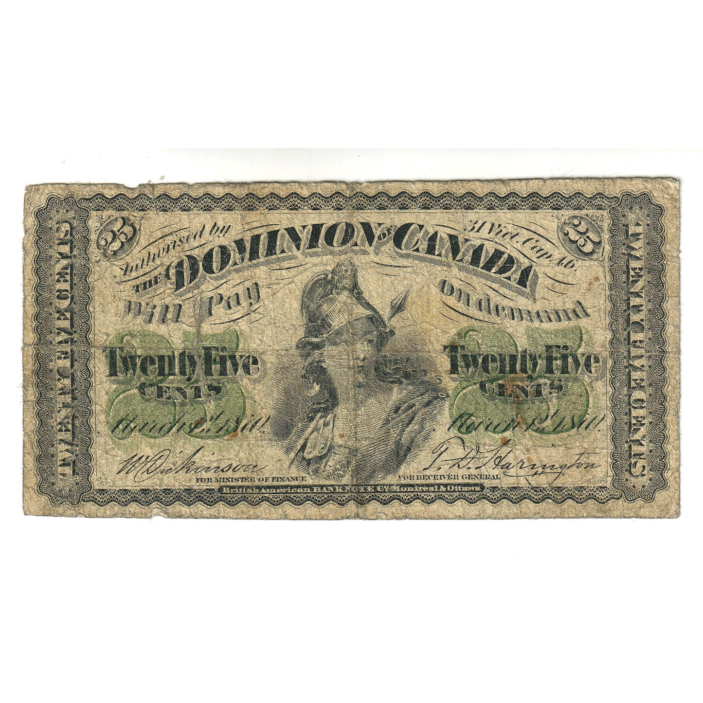 DC-1c 1870 Dominion 25-cent Shinplaster, Dickinson-Harington, VG (stain)