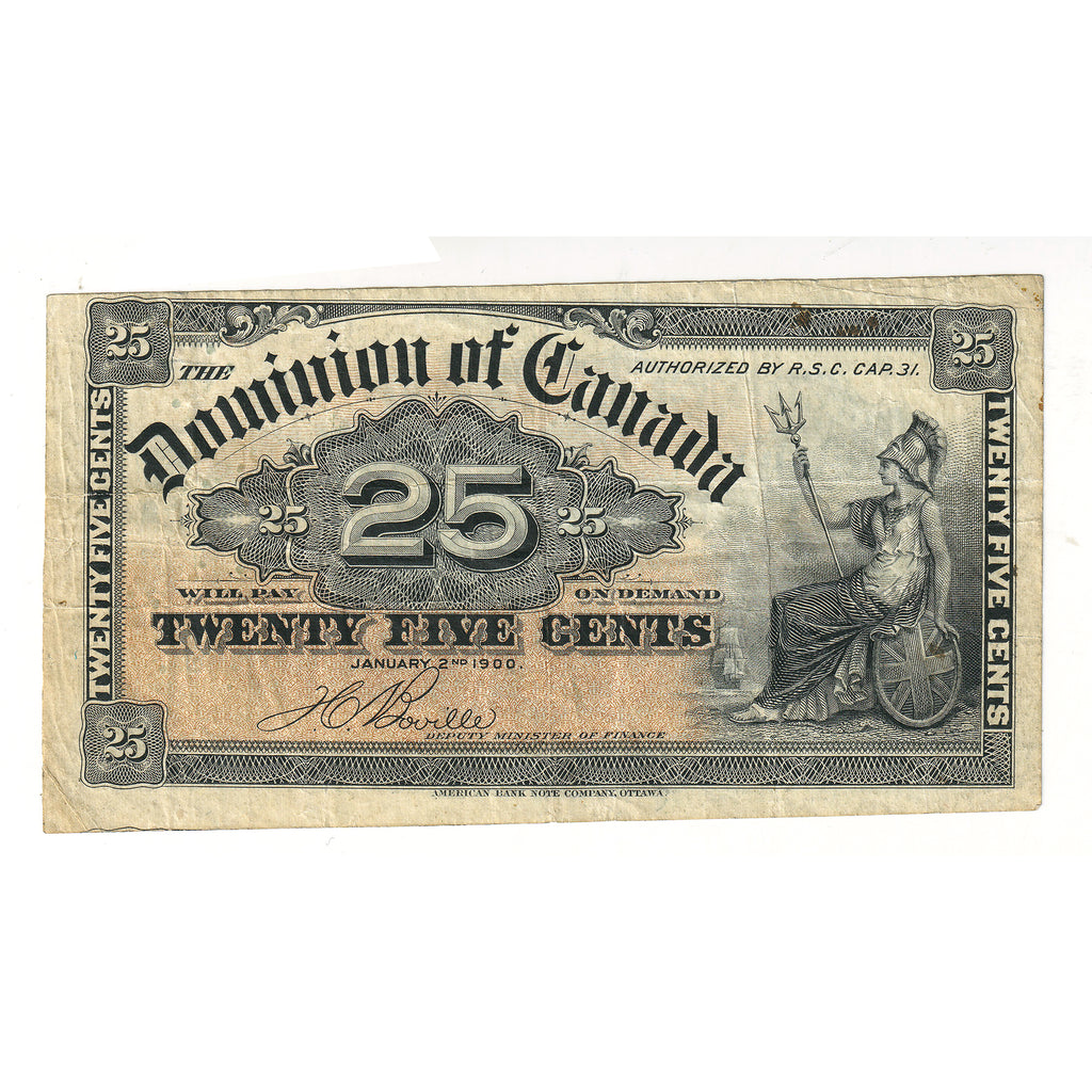 DC-15b-E25a-i 1900 Dominion 25-cent Shinplaster, Boville, VF (cut off size)