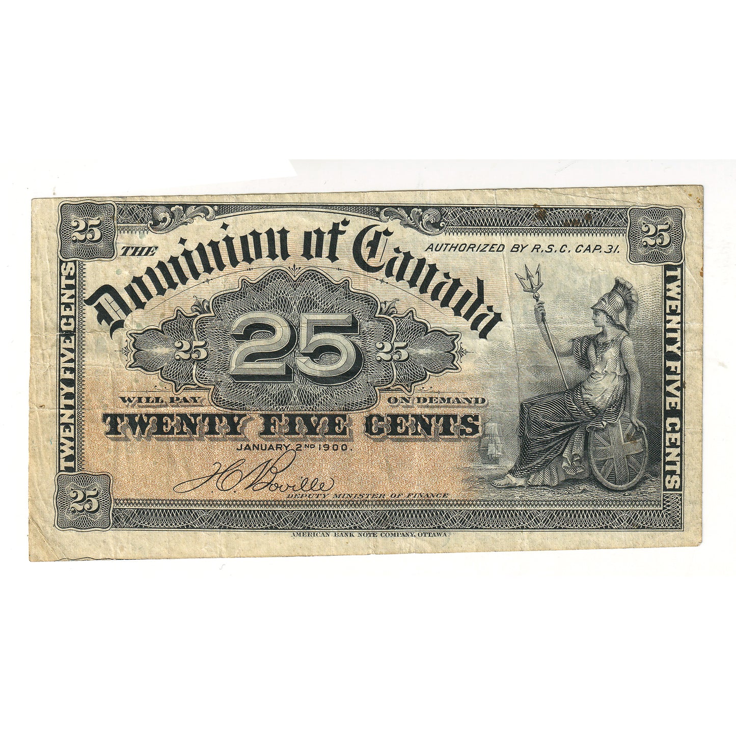 DC-15b-E25a-i 1900 Dominion 25-cent Shinplaster, Boville, VF (cut off size)