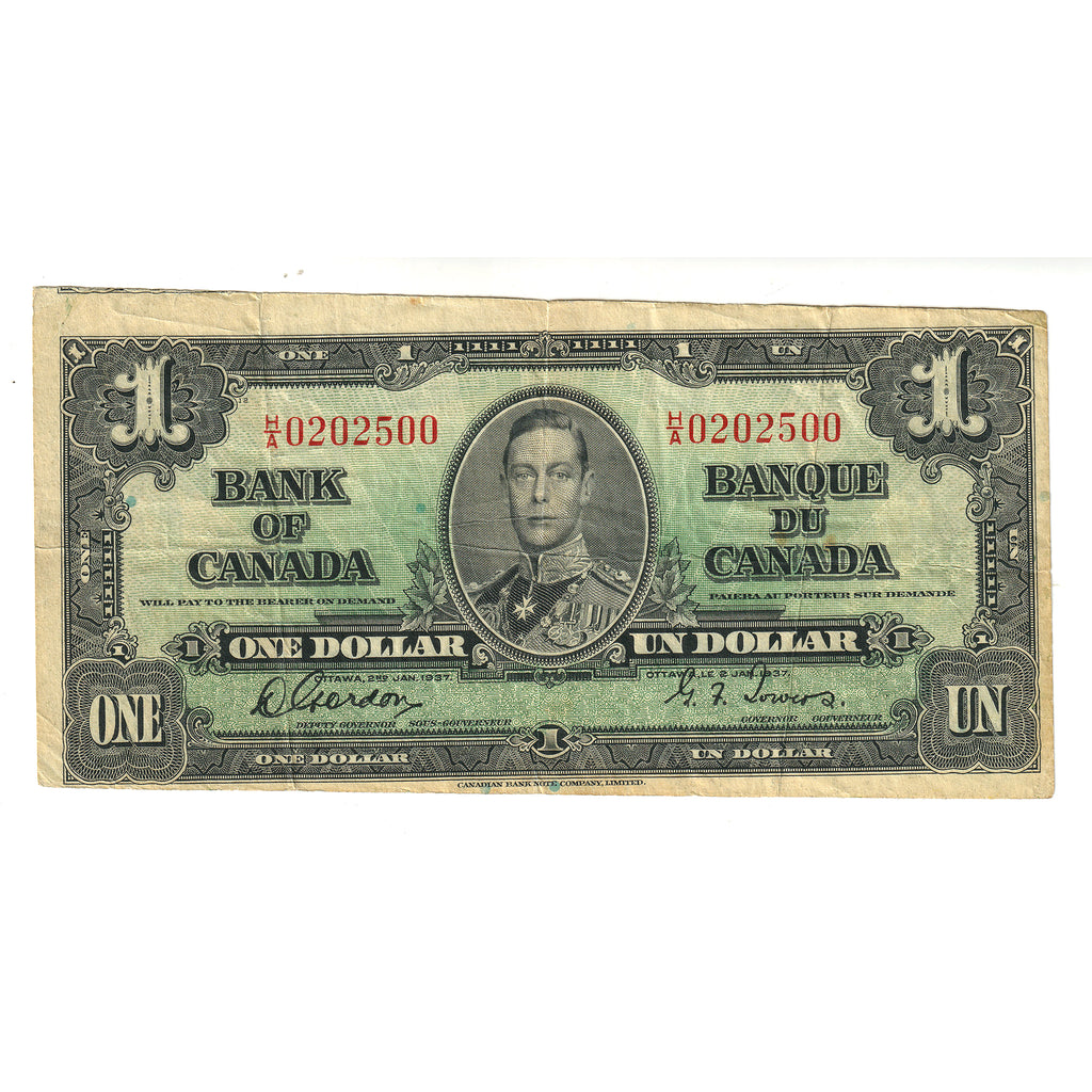 BC-21b-E25a-i 1937 Canada $1 Gordon-Towers, Narrow Pannel, H/A, VF-EF (cut off size)