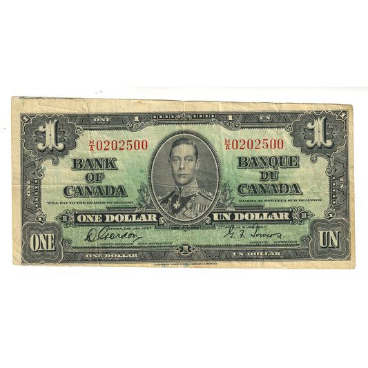 BC-21b-E25a-i 1937 Canada $1 Gordon-Towers, Narrow Pannel, H/A, VF-EF (cut off size)