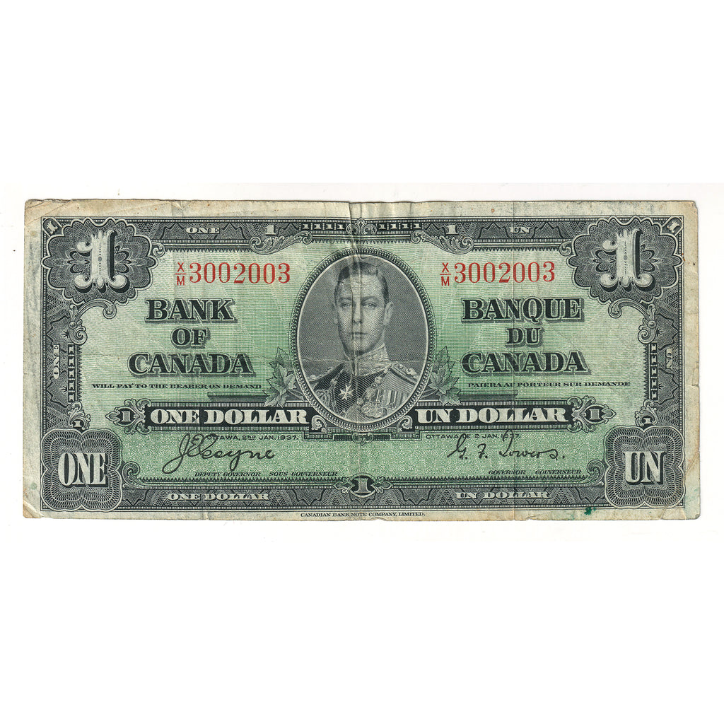 BC-21d-N1-iii 1937 Canada $1 Coyne-Towers, 3 Digit RADAR XM3002003, VF-EF (dirty)
