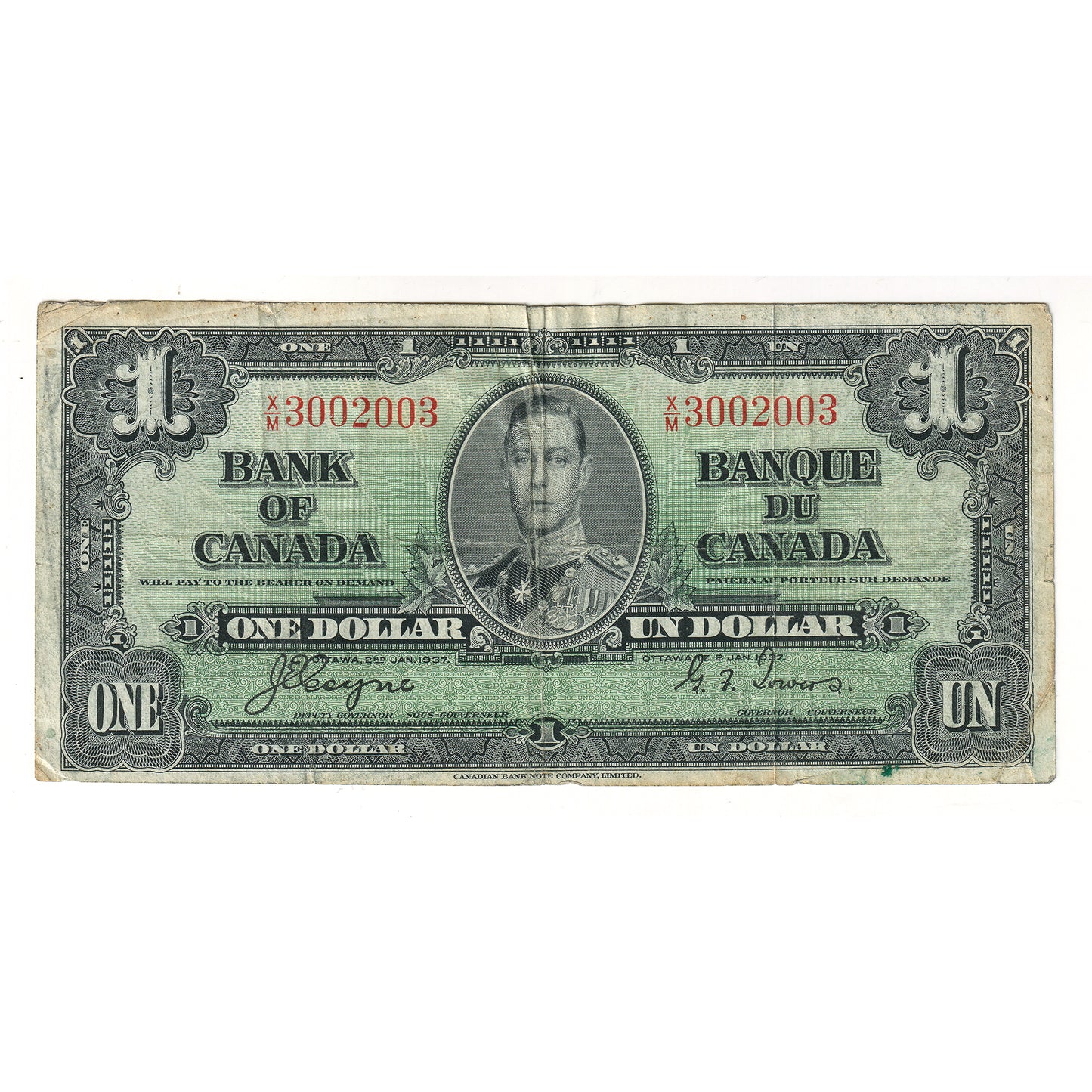 BC-21d-N1-iii 1937 Canada $1 Coyne-Towers, 3 Digit RADAR XM3002003, VF-EF (dirty)