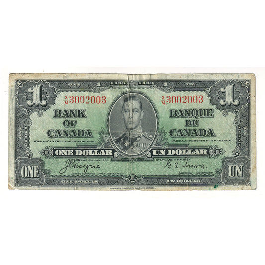 BC-21d-N1-iii 1937 Canada $1 Coyne-Towers, 3 Digit RADAR XM3002003, VF-EF (dirty)