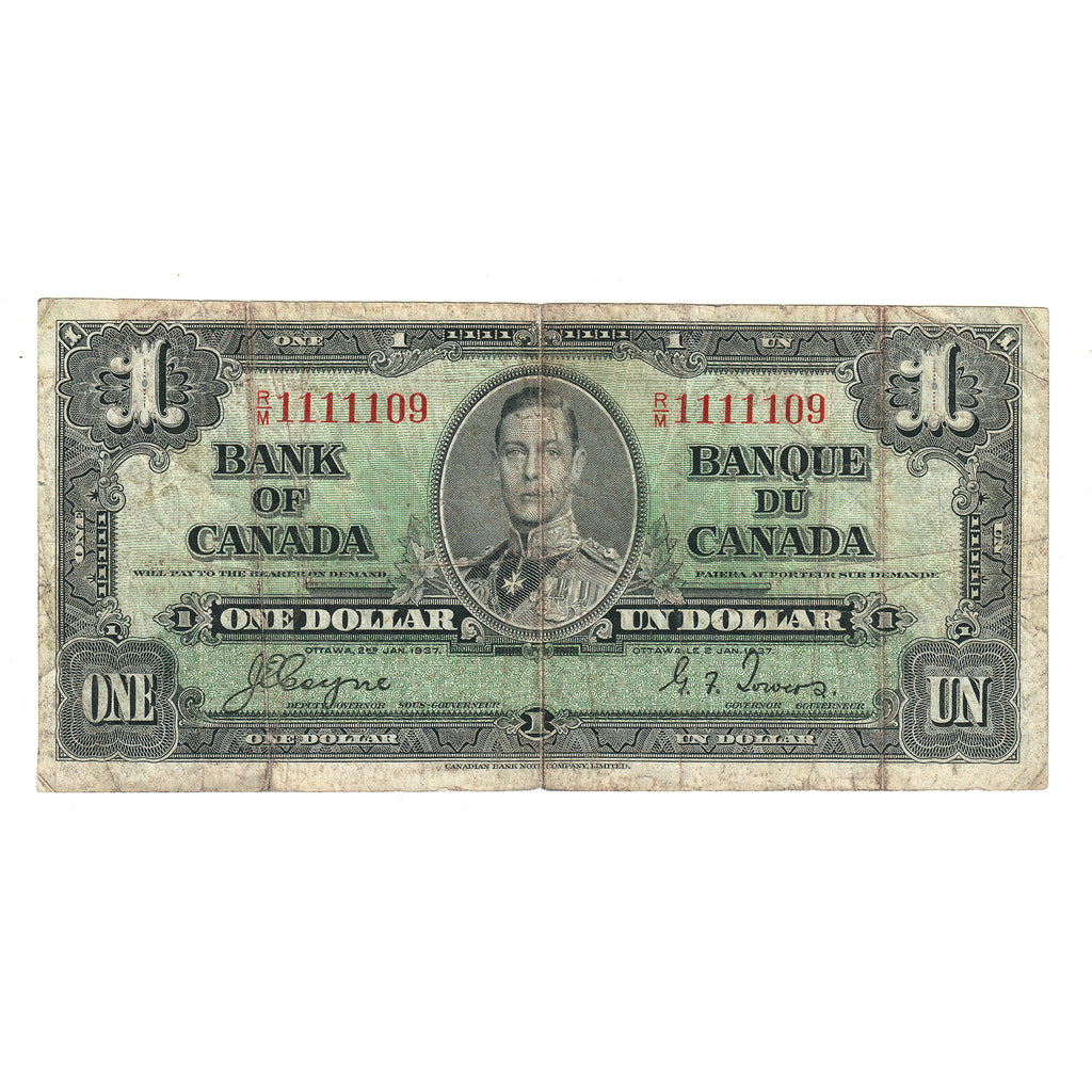 BC-21d 1937 Canada $1 Coyne-Towers, Neat Number RM1111109, F (dirty)