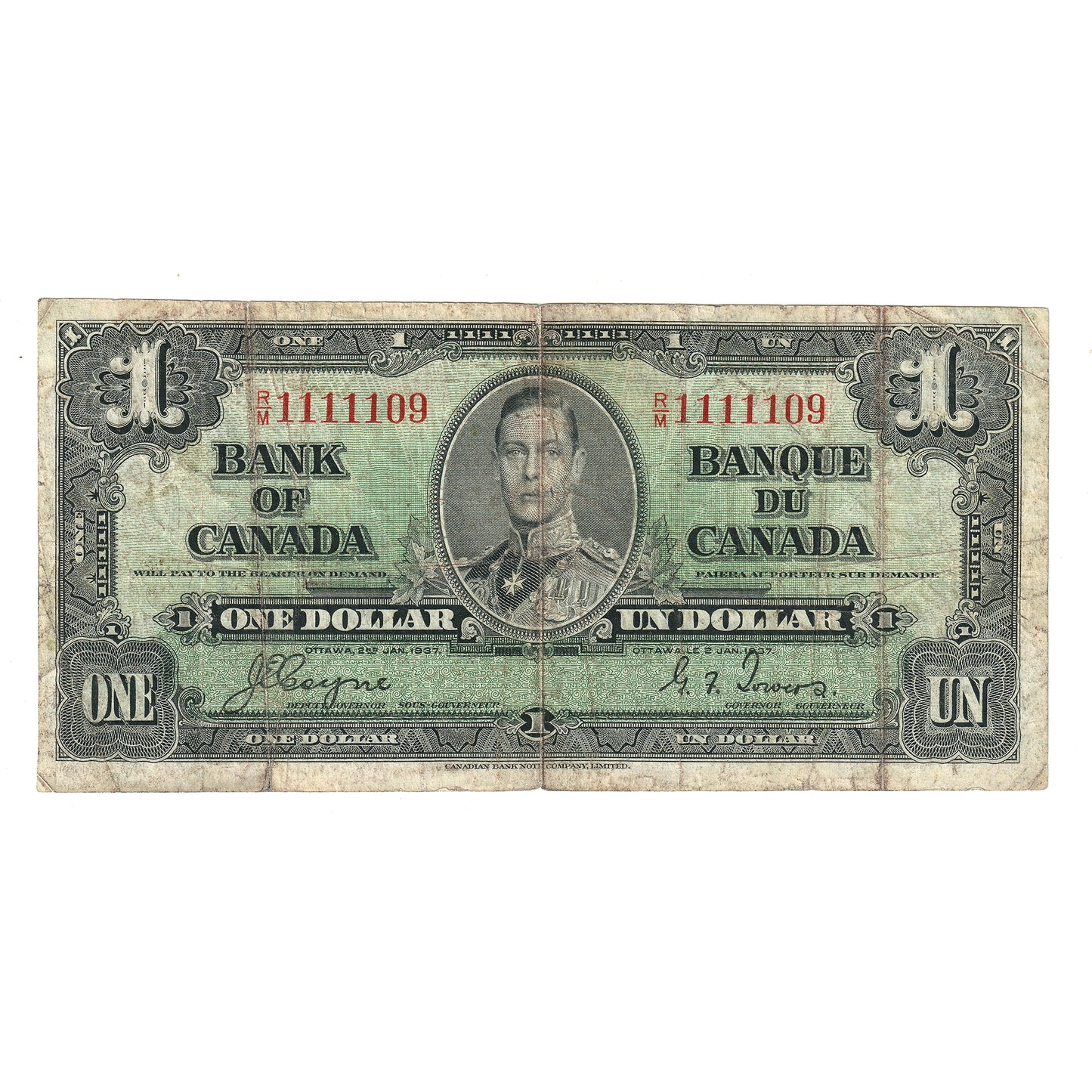 BC-21d 1937 Canada $1 Coyne-Towers, Neat Number RM1111109, F (dirty)