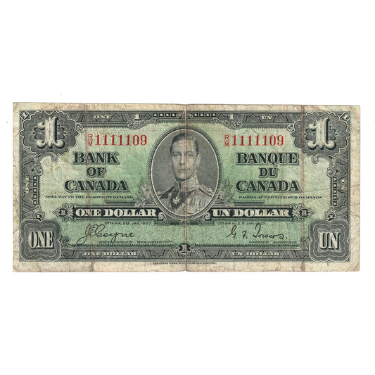 BC-21d 1937 Canada $1 Coyne-Towers, Neat Number RM1111109, F (dirty)