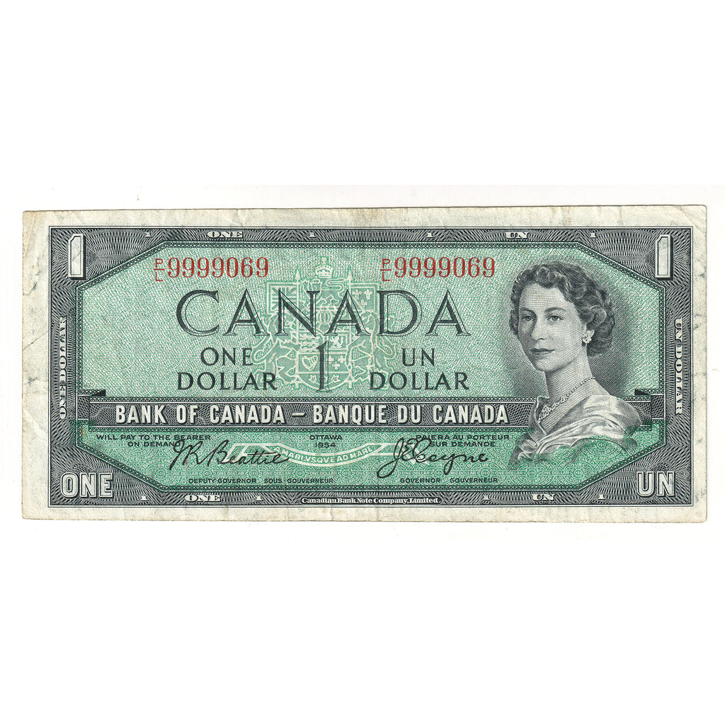 BC-37a 1954 Canada $1 Beattie-Coyne, Neat Number PL9999069, VF