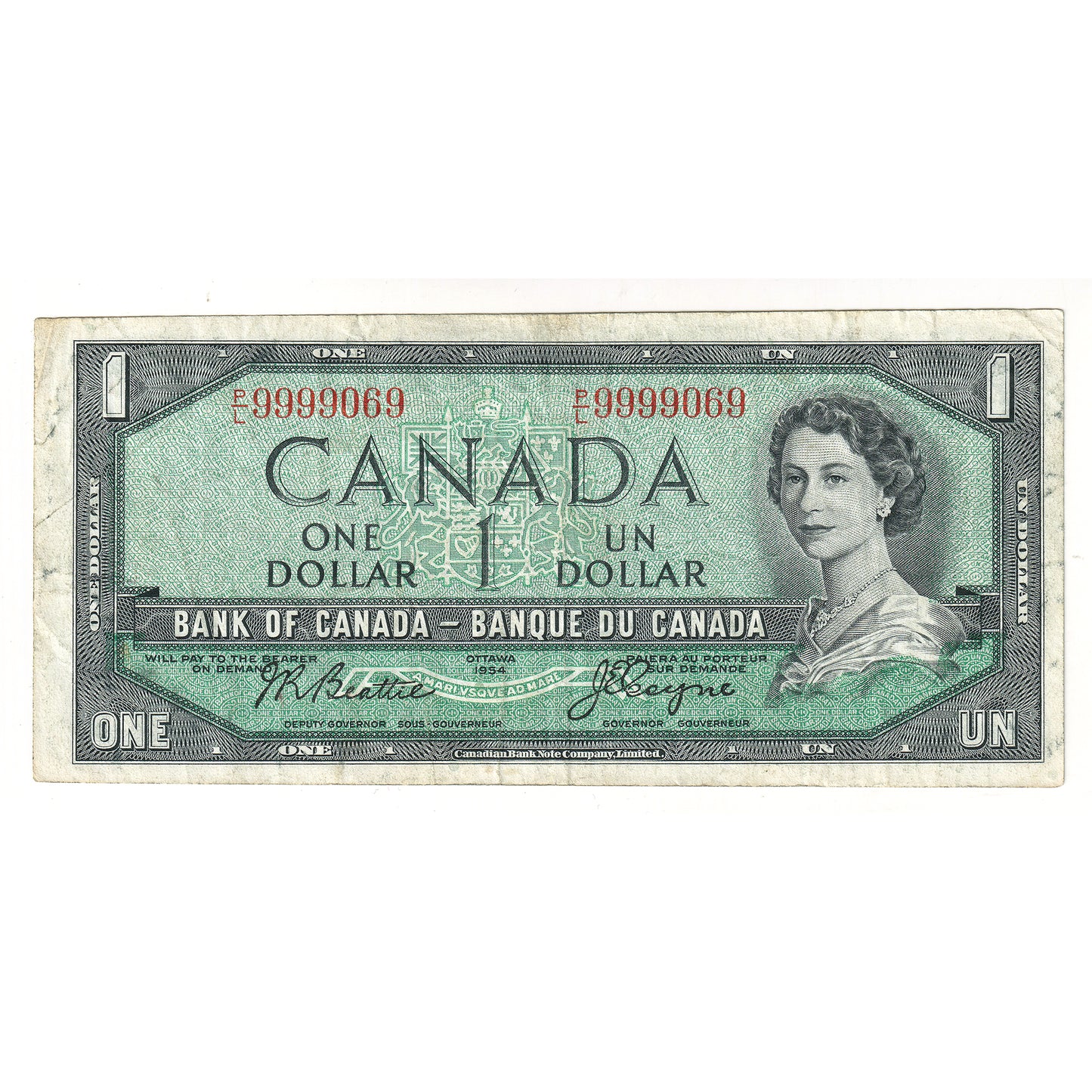 BC-37a 1954 Canada $1 Beattie-Coyne, Neat Number PL9999069, VF
