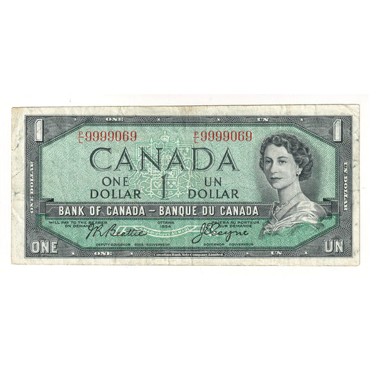 BC-37a 1954 Canada $1 Beattie-Coyne, Neat Number PL9999069, VF