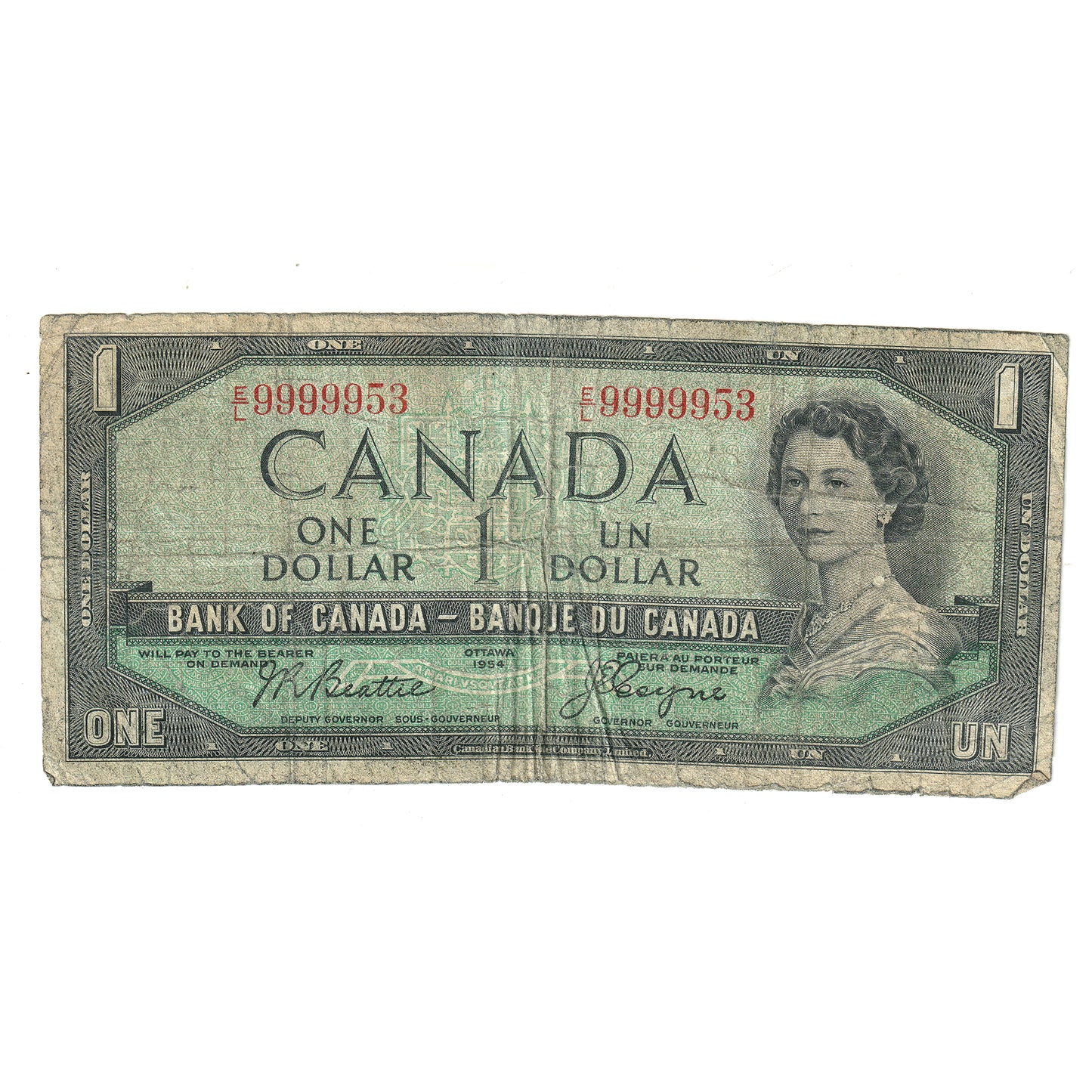 BC-37a 1954 Canada $1 Beattie-Coyne, Neat Number EL9999953, Circulated