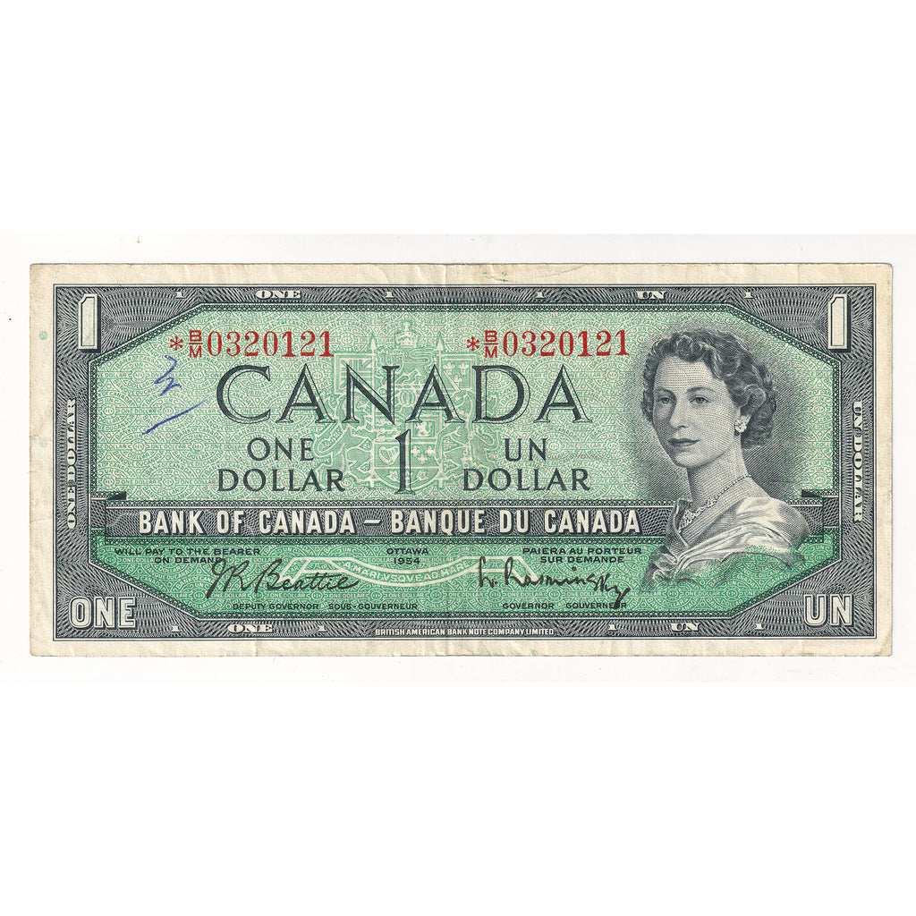 BC-37bA-i 1954 Canada $1 Beattie-Rasminsky, *B/M, No FPN, VF (writing)