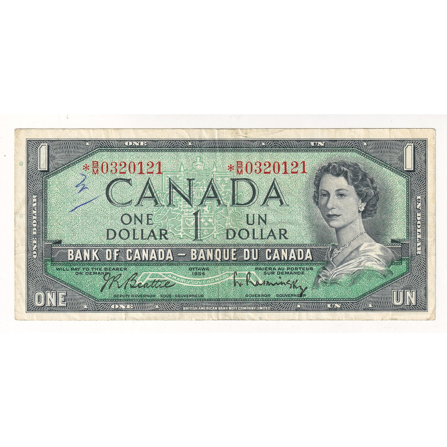 BC-37bA-i 1954 Canada $1 Beattie-Rasminsky, *B/M, No FPN, VF (writing)