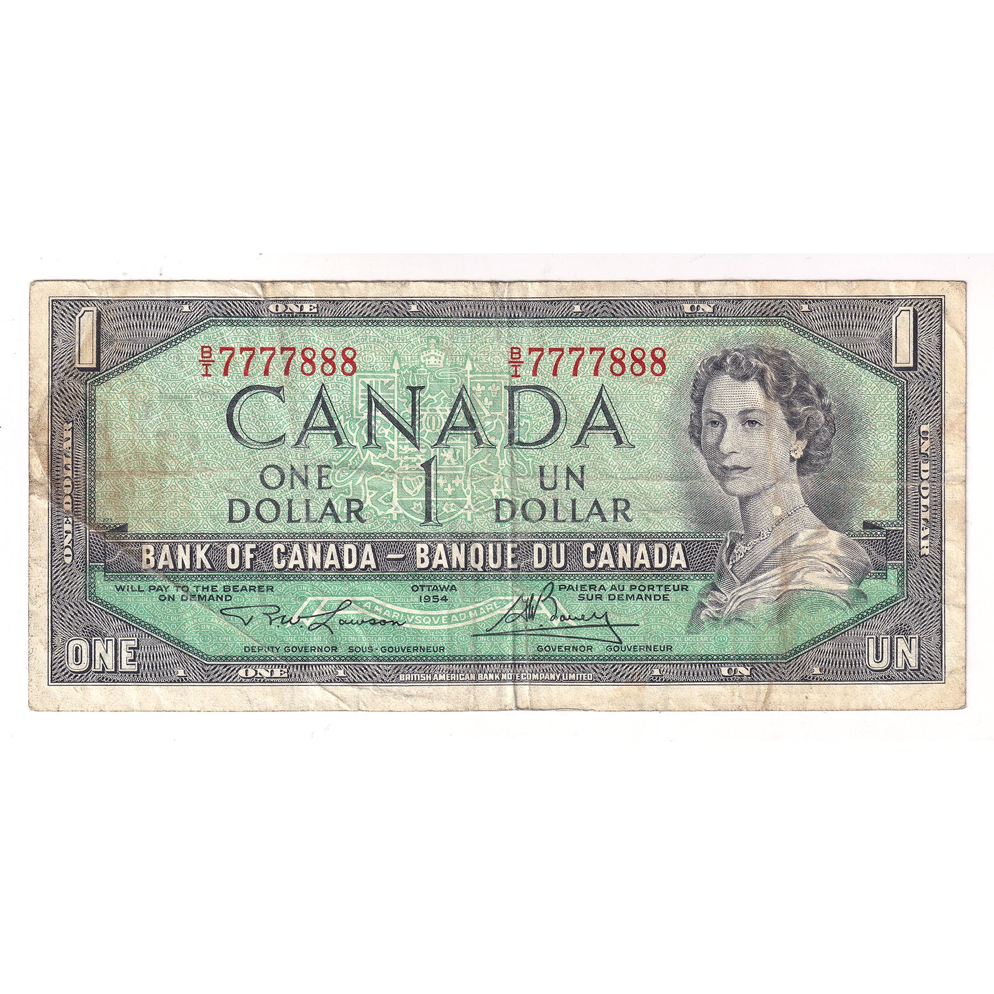 BC-37d 1954 Canada $1 Lawson-Bouey, Neat Number BI7777888, Circulated