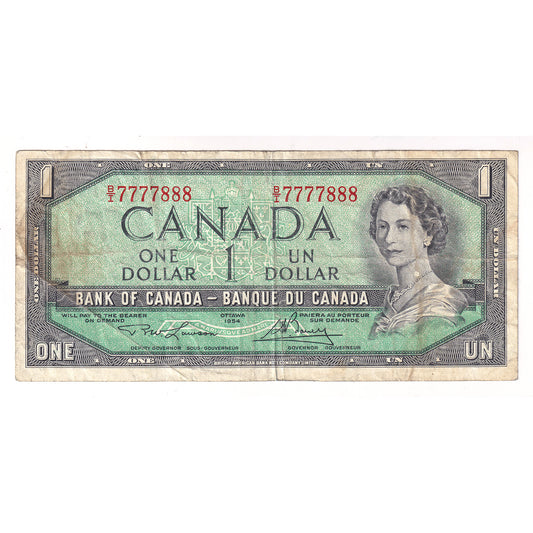 BC-37d 1954 Canada $1 Lawson-Bouey, Neat Number BI7777888, Circulated