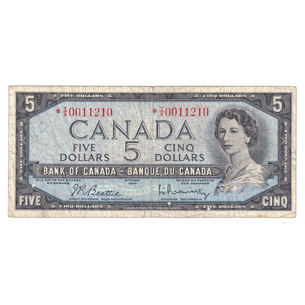 BC-39bA 1954 Canada $5 Beattie-Rasminsky, *I/X, VG-F (writing)